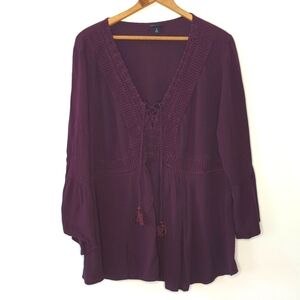 Torrid Size 2 Babydoll Gauze Crochet Trim Lace-Up Top Maroon Plus Size